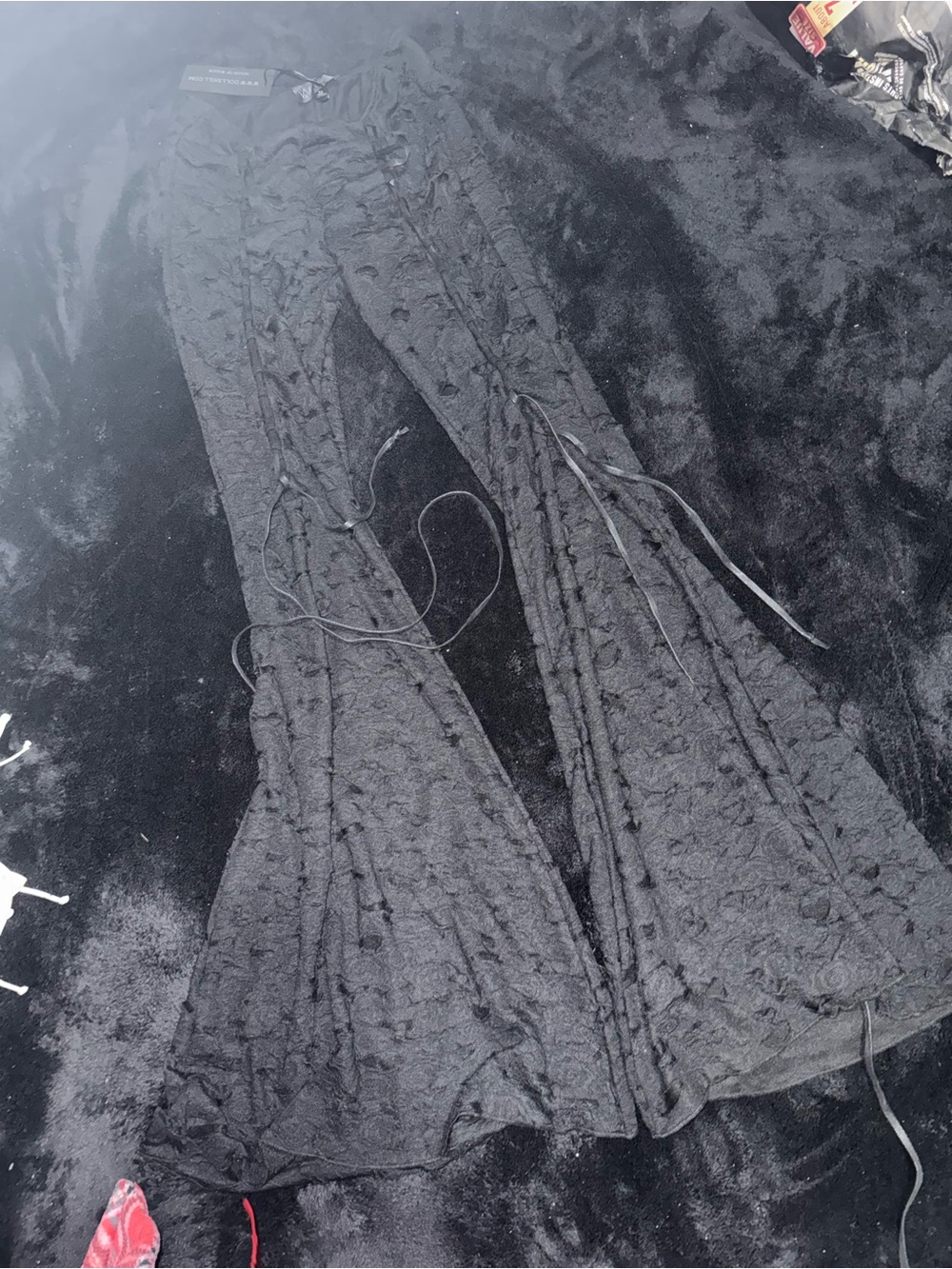 Black Textured Lace-Up Widow Dolls Kill bell bottoms